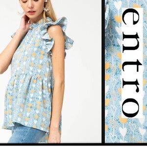 ENTRO Blue String of Hearts Print Ruffle Sleeve blouse